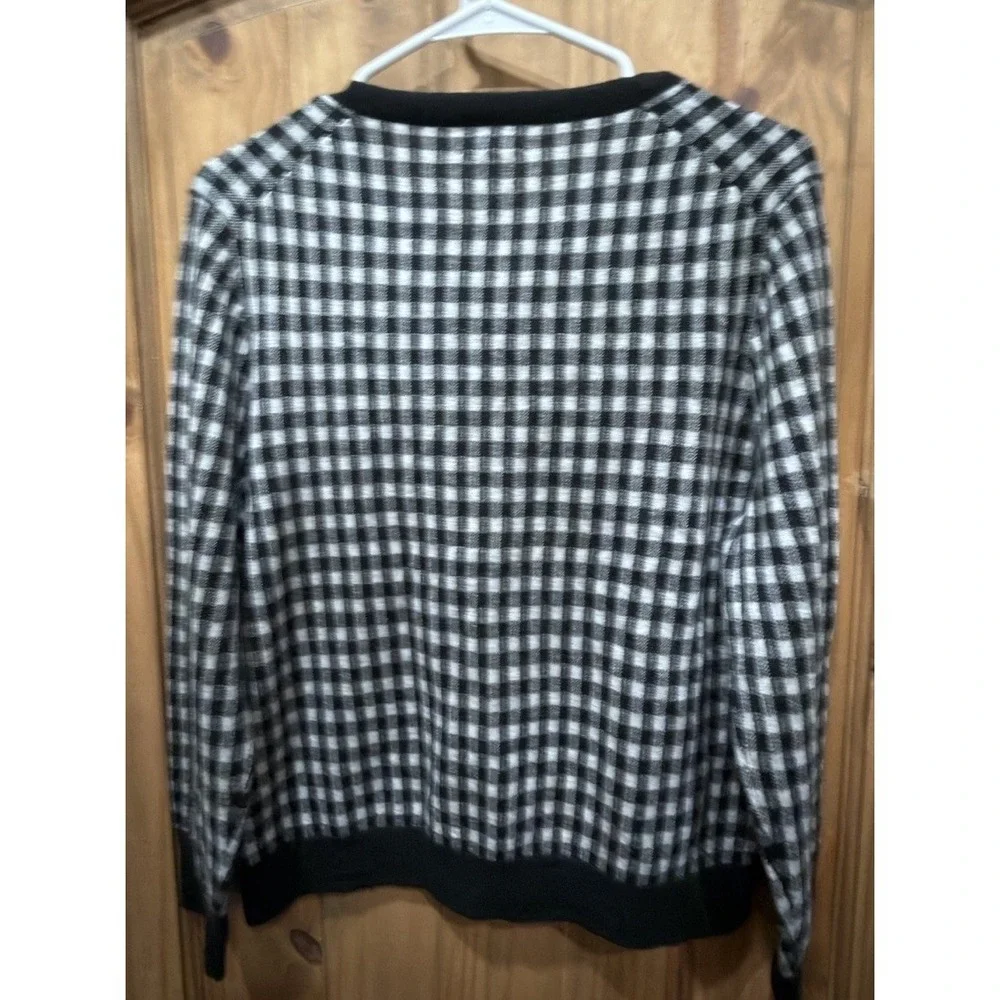 J.Crew 100% Cashmere Cardigan Sweater Womens L Black Ivory Buffalo Check Plaid